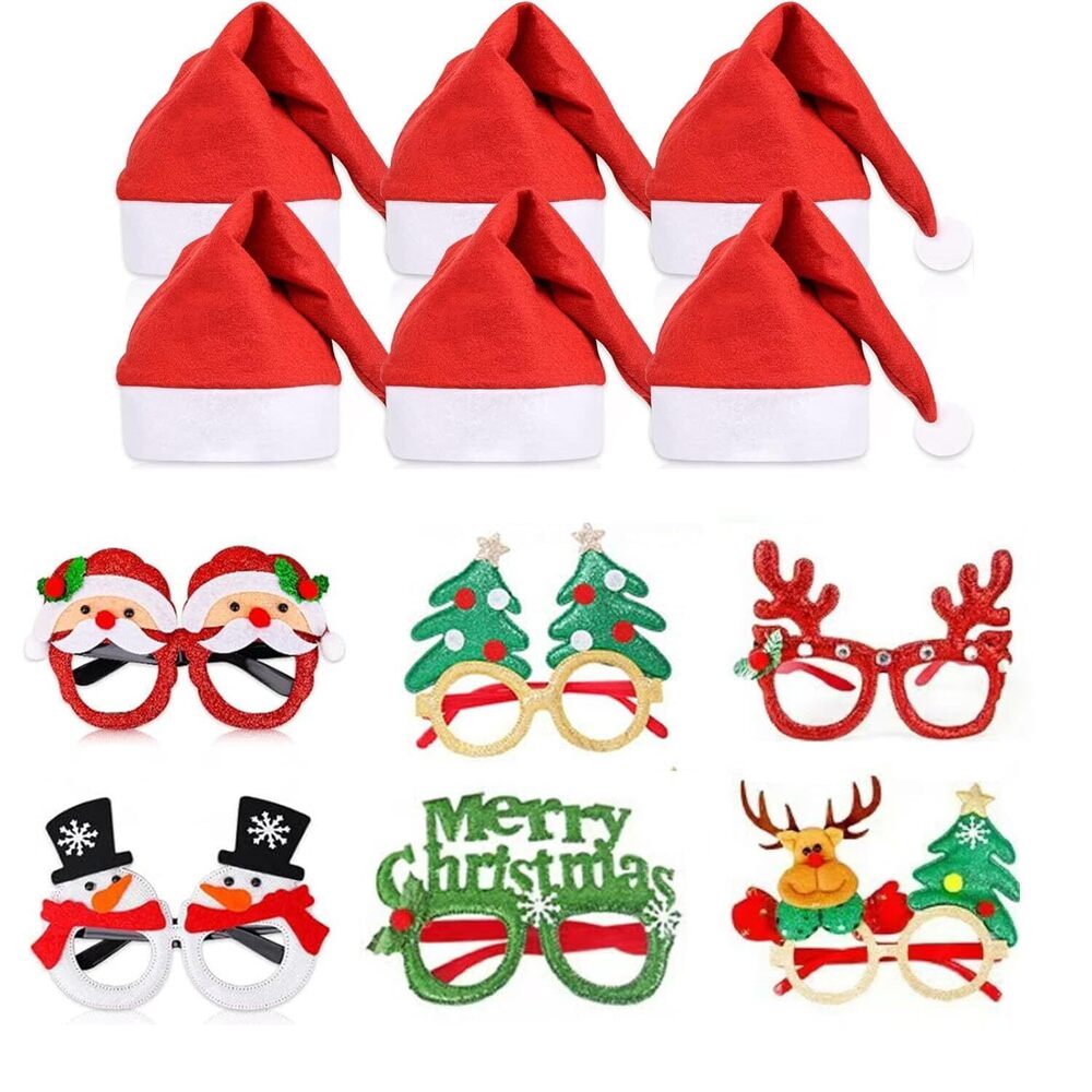 7014 12 Pcs Christmas Glasses Christmas Hats Set, Cute Eyewear Glittered